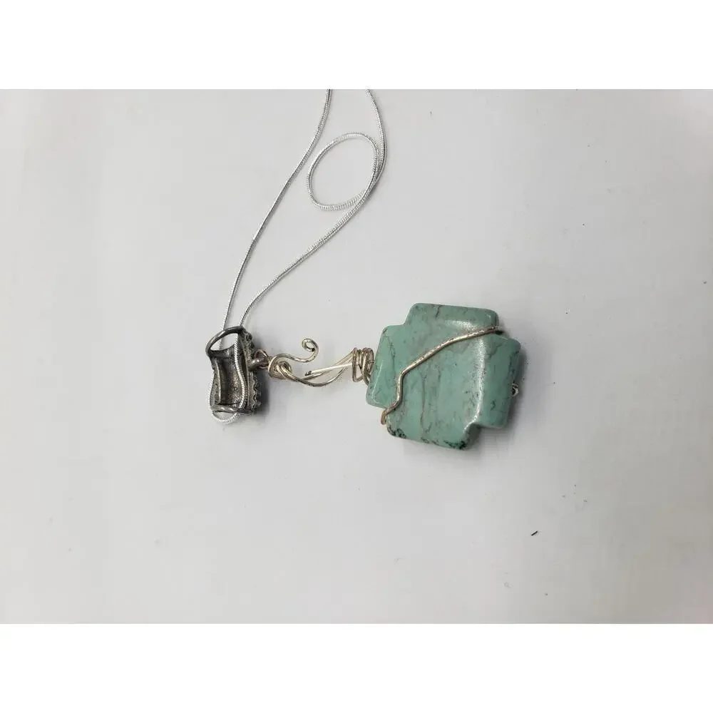 Artisan Wire Wrapped Chrysoprase Cross Pendant Necklace Silver tone Snake Chain